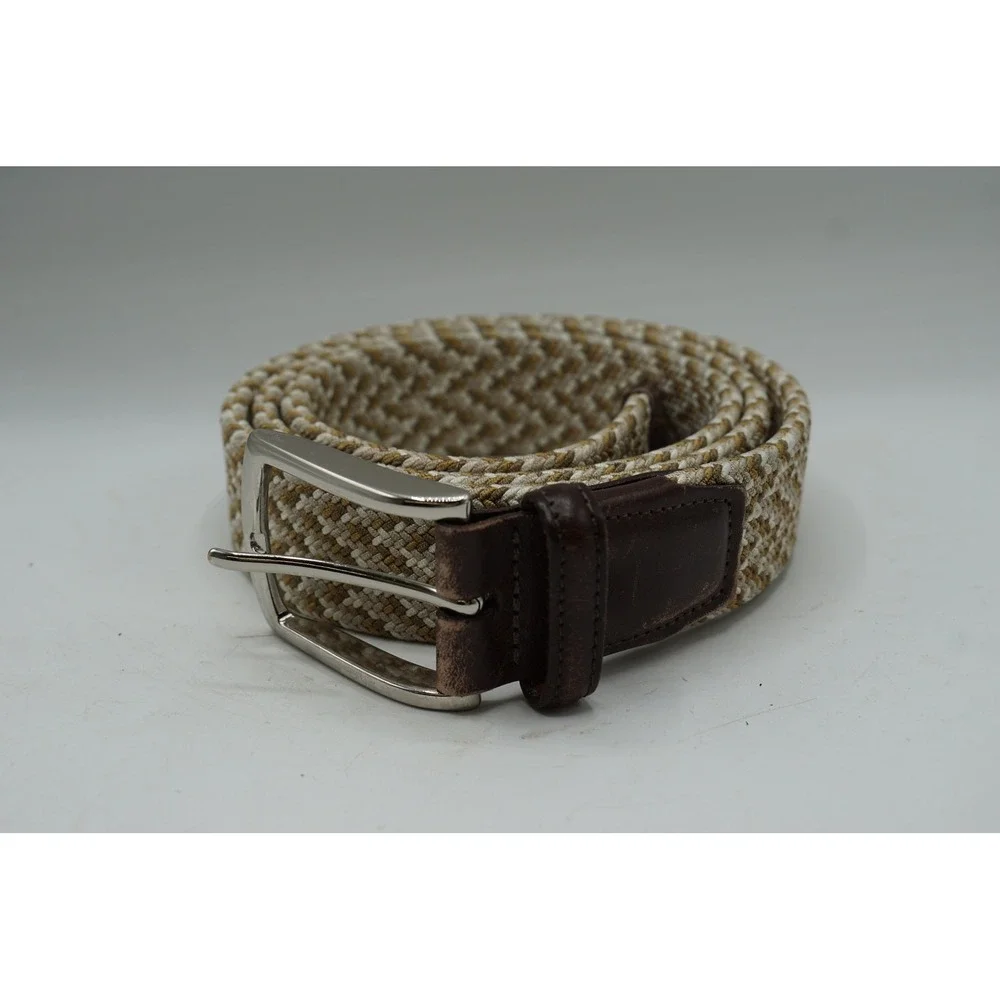 Samuel Hubbard Mens Woven Stretch Belt Brown Tan Braided Leather Trim Sz‎ 38